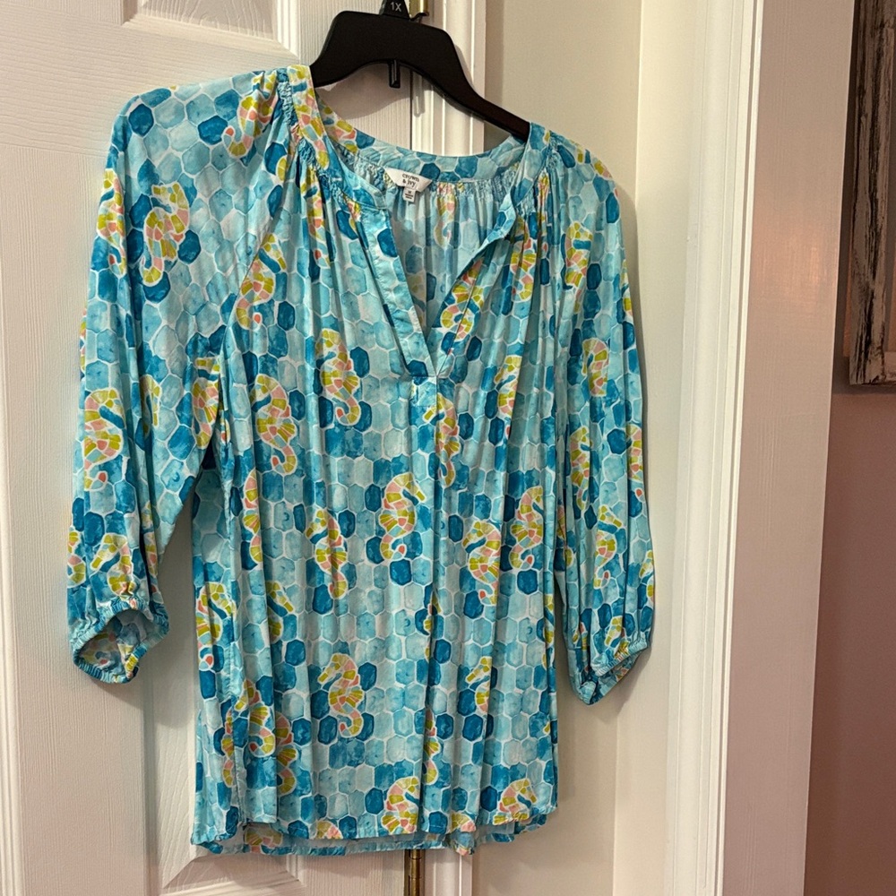 Crown & Ivy Blue and Yellow Patterned Blouse
